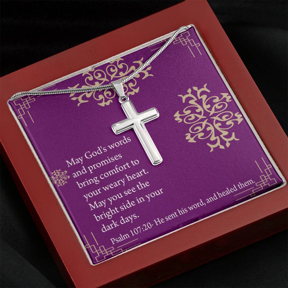 Christian Encouragement Get Well God's Words & Promises Psalm 107:20 Cross Card Necklace w Stainless Steel Pendant-Express Your Love Gifts