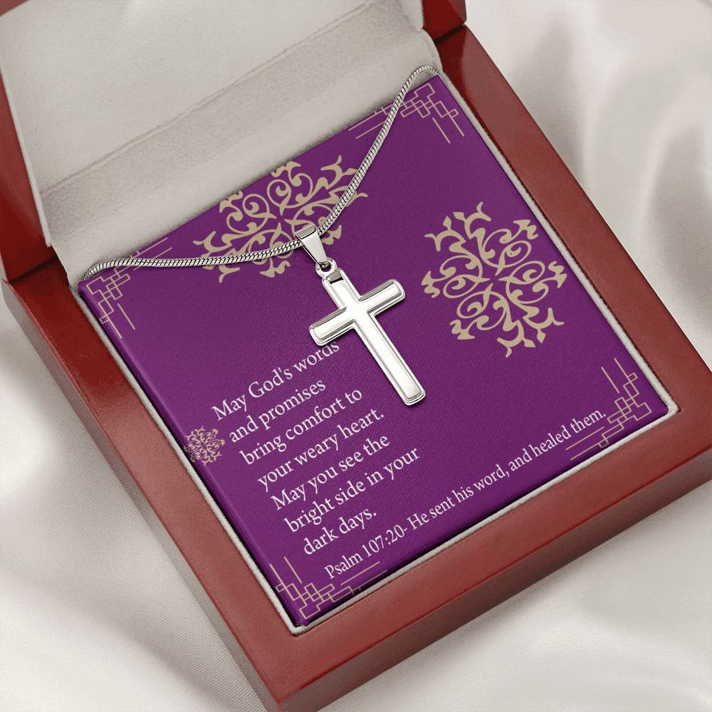 Christian Encouragement Get Well God's Words & Promises Psalm 107:20 Cross Card Necklace w Stainless Steel Pendant-Express Your Love Gifts