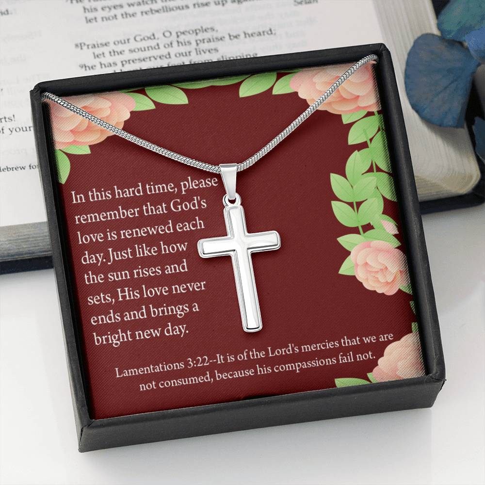 Christian Encouragement Get Well Surrounded In Prayer Lamentations 3:22 Cross Card Necklace w Stainless Steel Pendant-Express Your Love Gifts