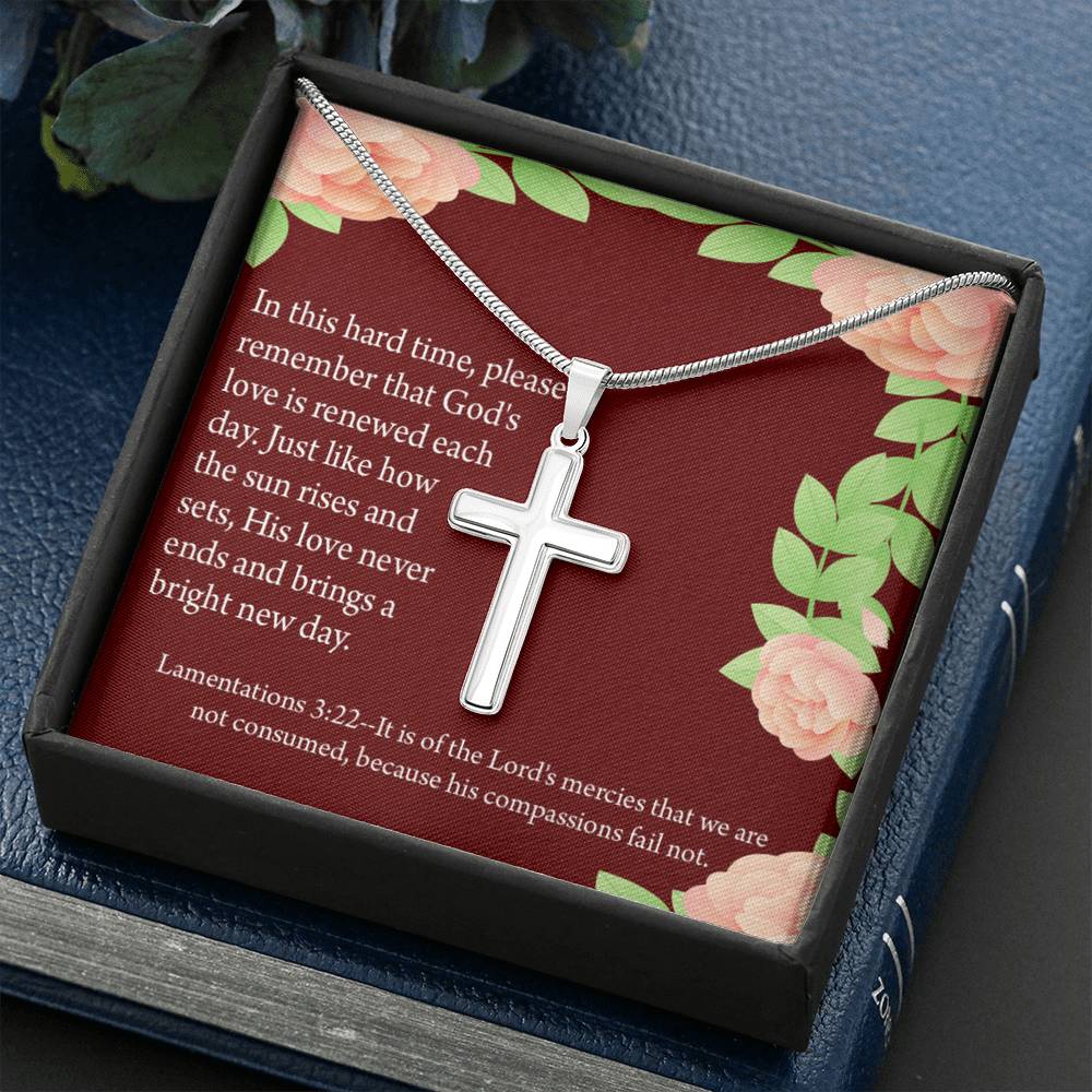 Christian Encouragement Get Well Surrounded In Prayer Lamentations 3:22 Cross Card Necklace w Stainless Steel Pendant-Express Your Love Gifts