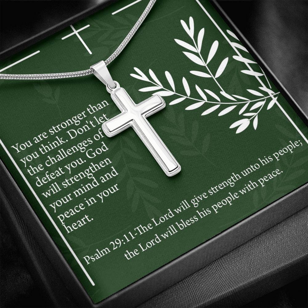 Christian Encouragement God Will Strengthen You Psalm 29:11 Cross Necklace Stainless Steel Pendant Message Card-Express Your Love Gifts