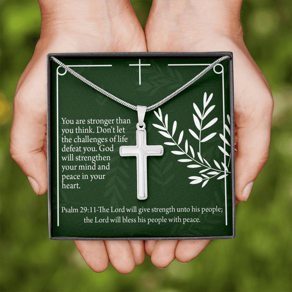Christian Encouragement God Will Strengthen You Psalm 29:11 Cross Necklace Stainless Steel Pendant Message Card-Express Your Love Gifts