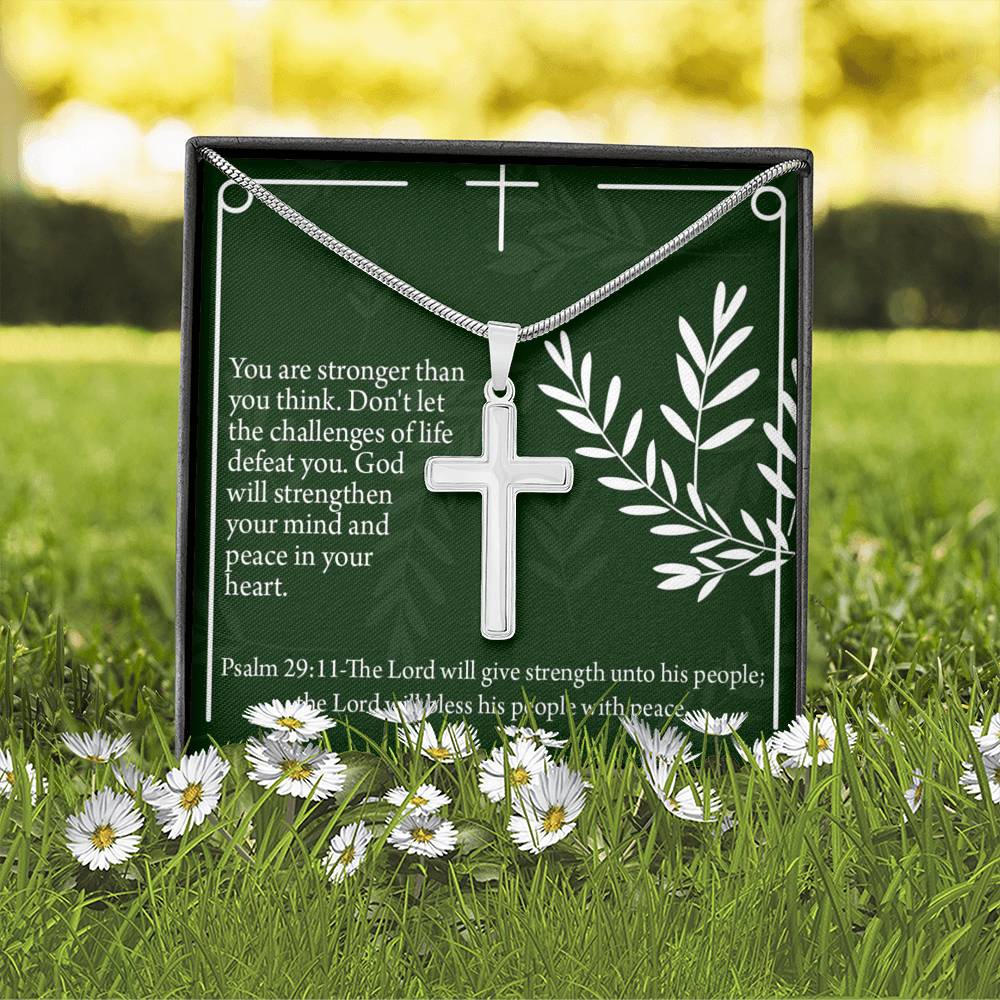 Christian Encouragement God Will Strengthen You Psalm 29:11 Cross Necklace Stainless Steel Pendant Message Card-Express Your Love Gifts