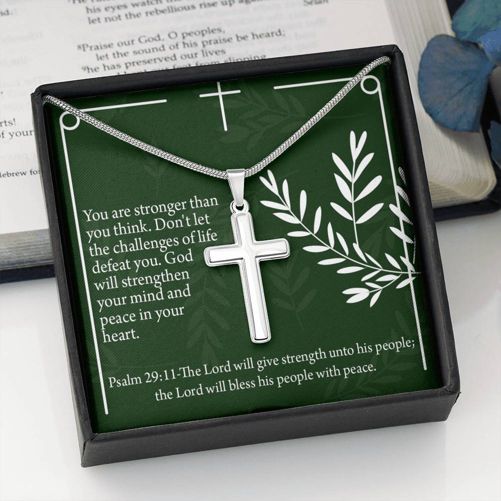 Christian Encouragement God Will Strengthen You Psalm 29:11 Cross Necklace Stainless Steel Pendant Message Card-Express Your Love Gifts