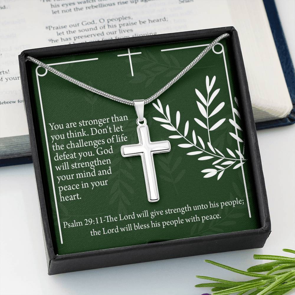 Christian Encouragement God Will Strengthen You Psalm 29:11 Cross Necklace Stainless Steel Pendant Message Card-Express Your Love Gifts
