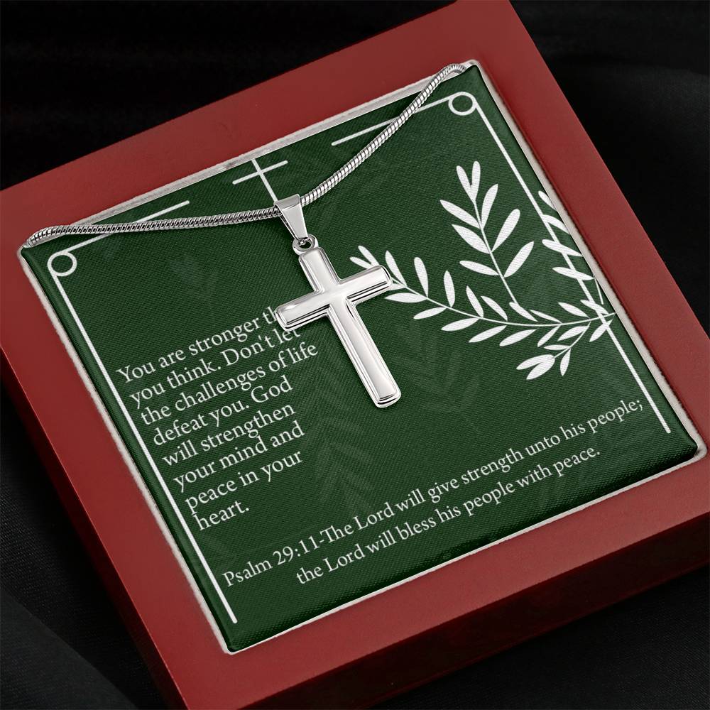 Christian Encouragement God Will Strengthen You Psalm 29:11 Cross Necklace Stainless Steel Pendant Message Card-Express Your Love Gifts