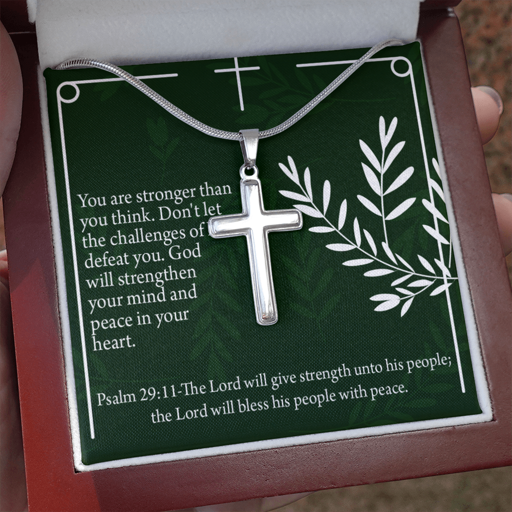 Christian Encouragement God Will Strengthen You Psalm 29:11 Cross Necklace Stainless Steel Pendant Message Card-Express Your Love Gifts