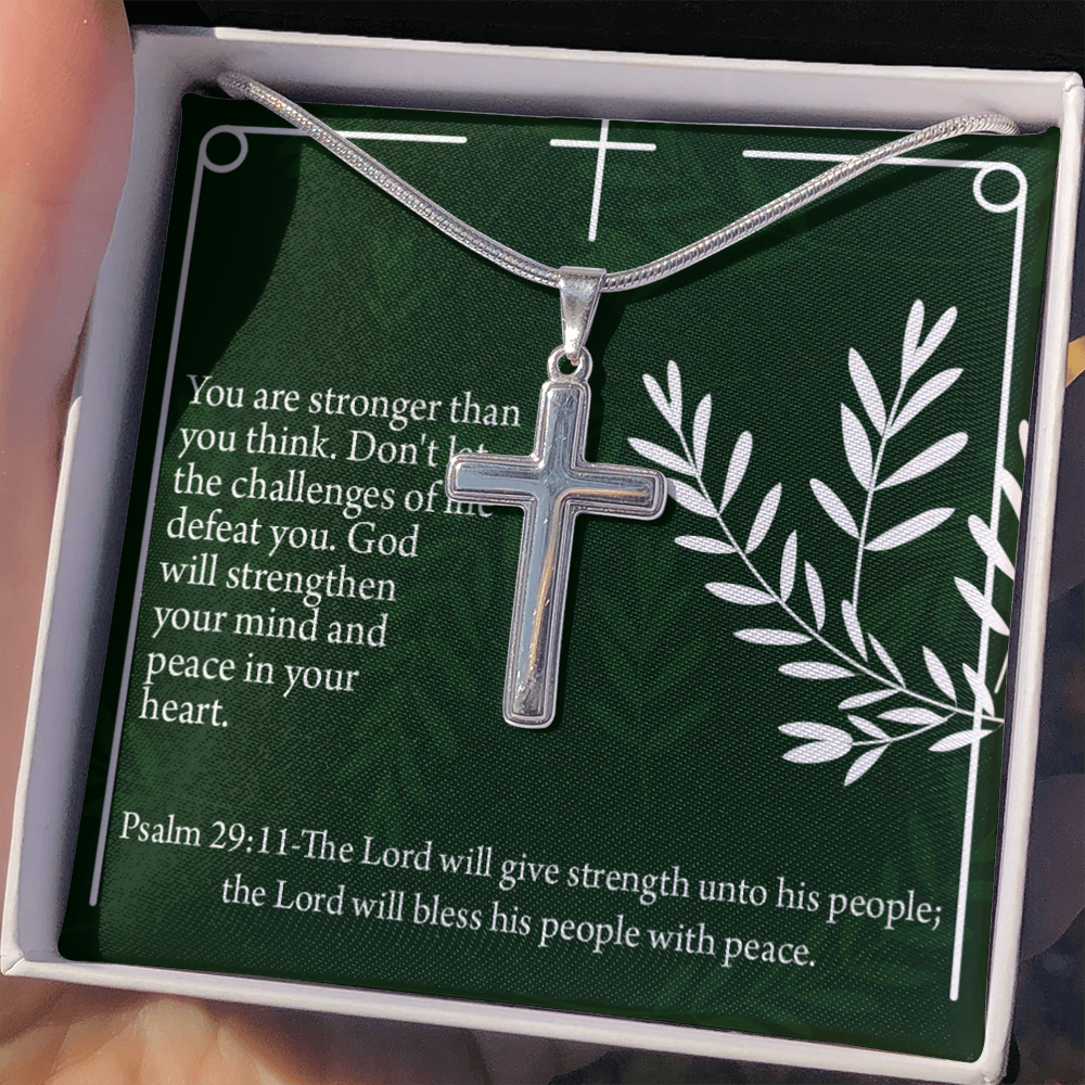 Christian Encouragement God Will Strengthen You Psalm 29:11 Cross Necklace Stainless Steel Pendant Message Card-Express Your Love Gifts