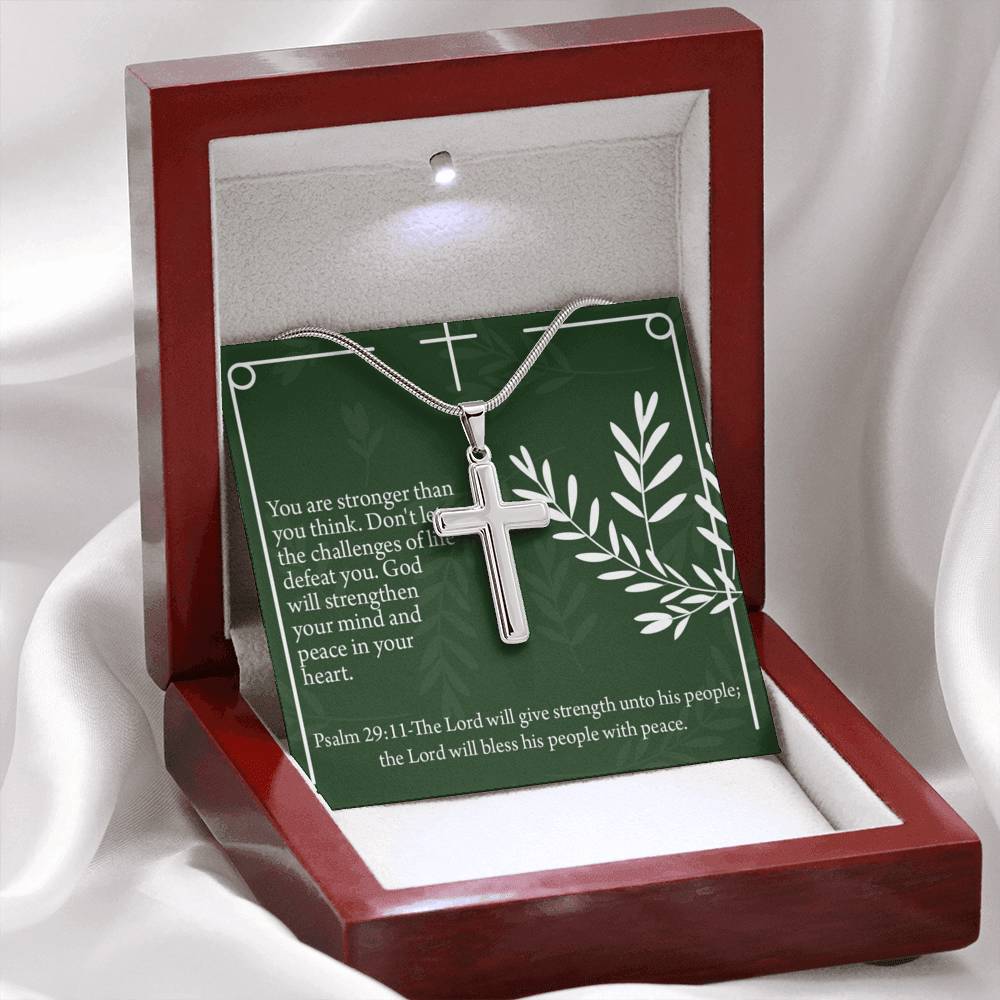 Christian Encouragement God Will Strengthen You Psalm 29:11 Cross Necklace Stainless Steel Pendant Message Card-Express Your Love Gifts