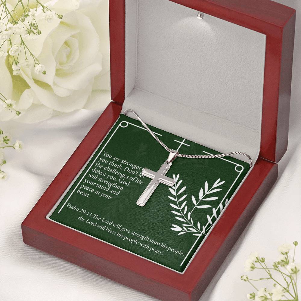 Christian Encouragement God Will Strengthen You Psalm 29:11 Cross Necklace Stainless Steel Pendant Message Card-Express Your Love Gifts