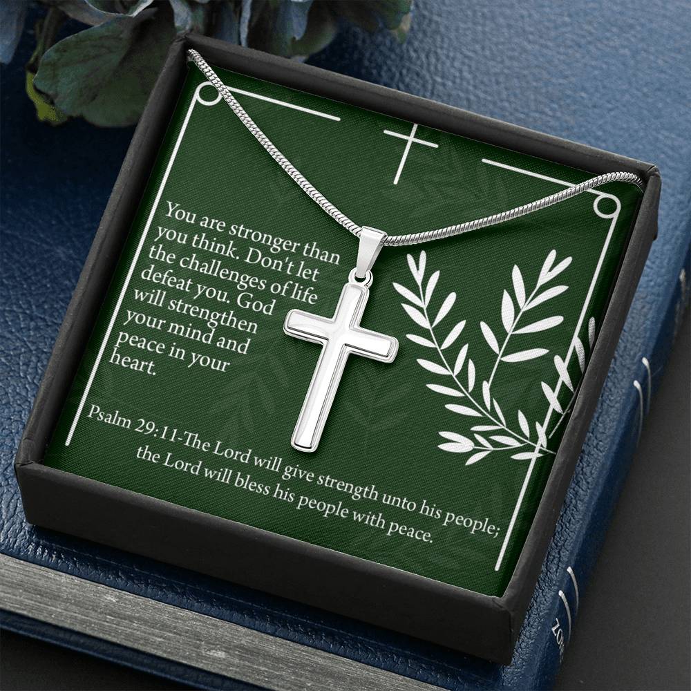 Christian Encouragement God Will Strengthen You Psalm 29:11 Cross Necklace Stainless Steel Pendant Message Card-Express Your Love Gifts