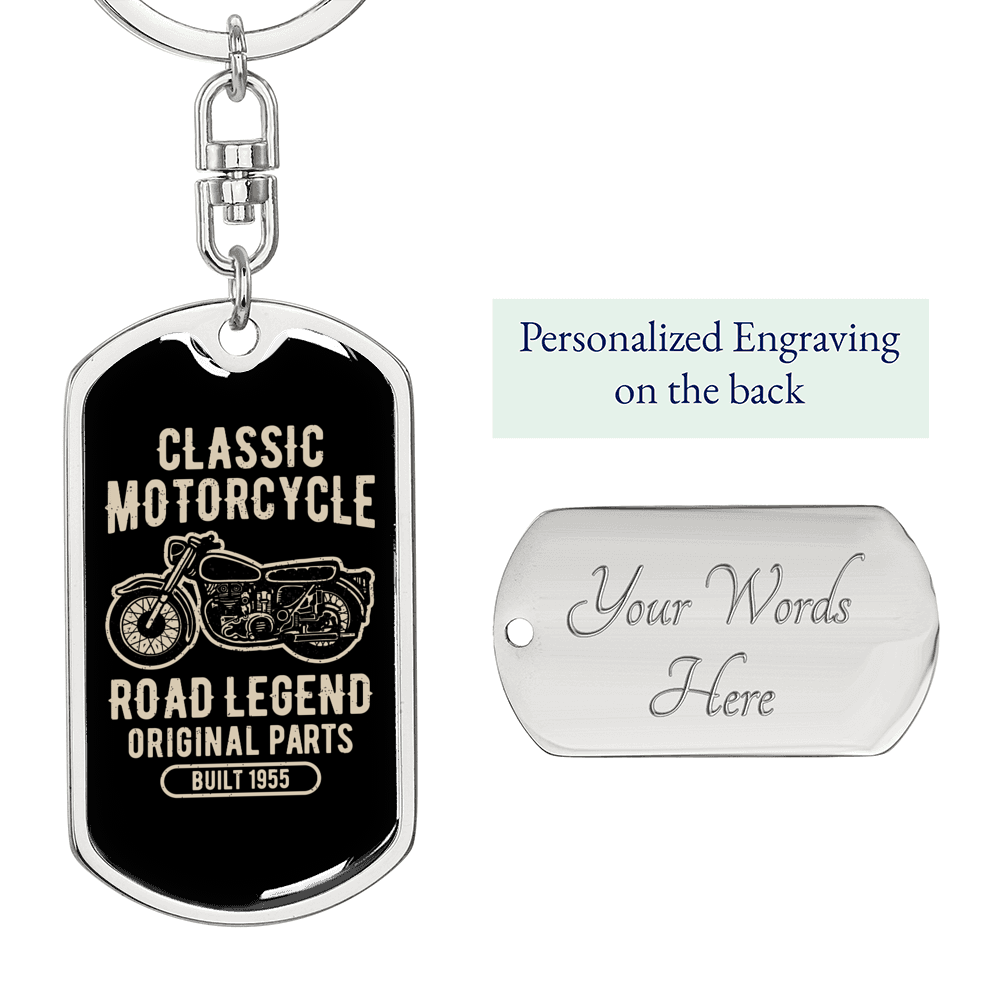 Classic Motorcycle Biker Keychain Stainless Steel or 18k Gold Dog Tag Keyring-Express Your Love Gifts
