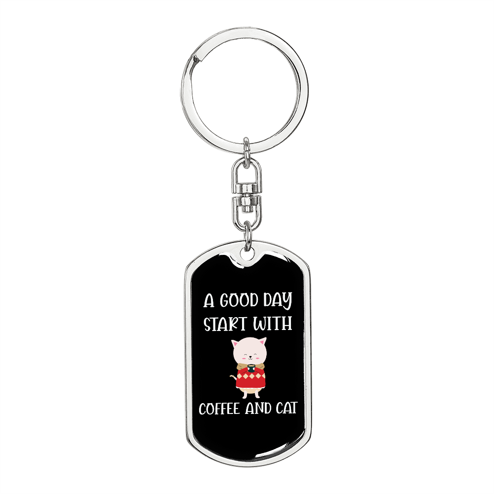 Coffee And Cat Keychain Stainless Steel or 18k Gold Dog Tag Keyring-Express Your Love Gifts