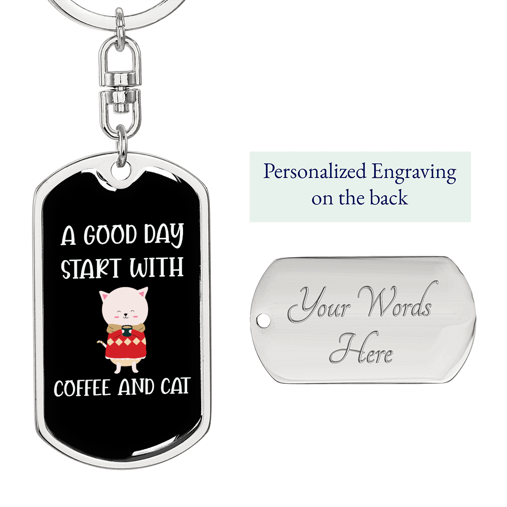 Coffee And Cat Keychain Stainless Steel or 18k Gold Dog Tag Keyring-Express Your Love Gifts