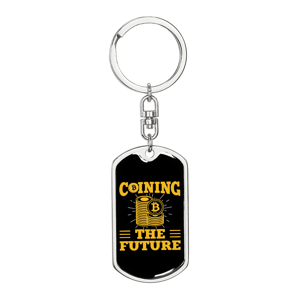 Coining The Future Bitcoins Crypto Keychain Stainless Steel or 18k Gold Dog Tag Keyring-Express Your Love Gifts