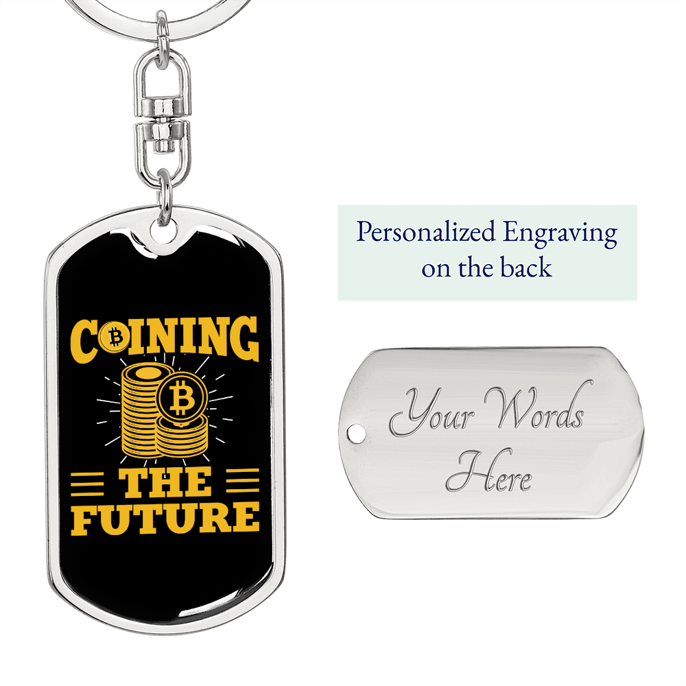 Coining The Future Bitcoins Crypto Keychain Stainless Steel or 18k Gold Dog Tag Keyring-Express Your Love Gifts
