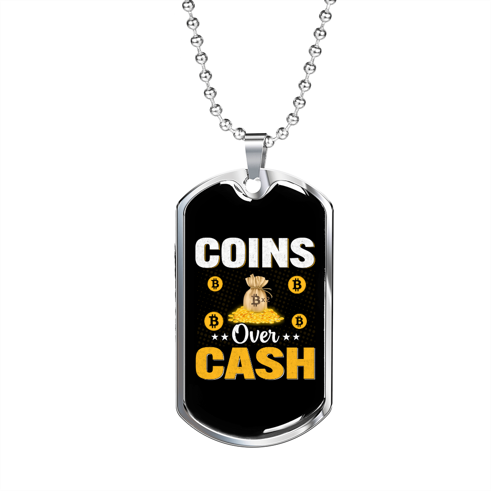 Coins Over Cash Crypto Necklace Stainless Steel or 18k Gold Dog Tag 24" Chain-Express Your Love Gifts