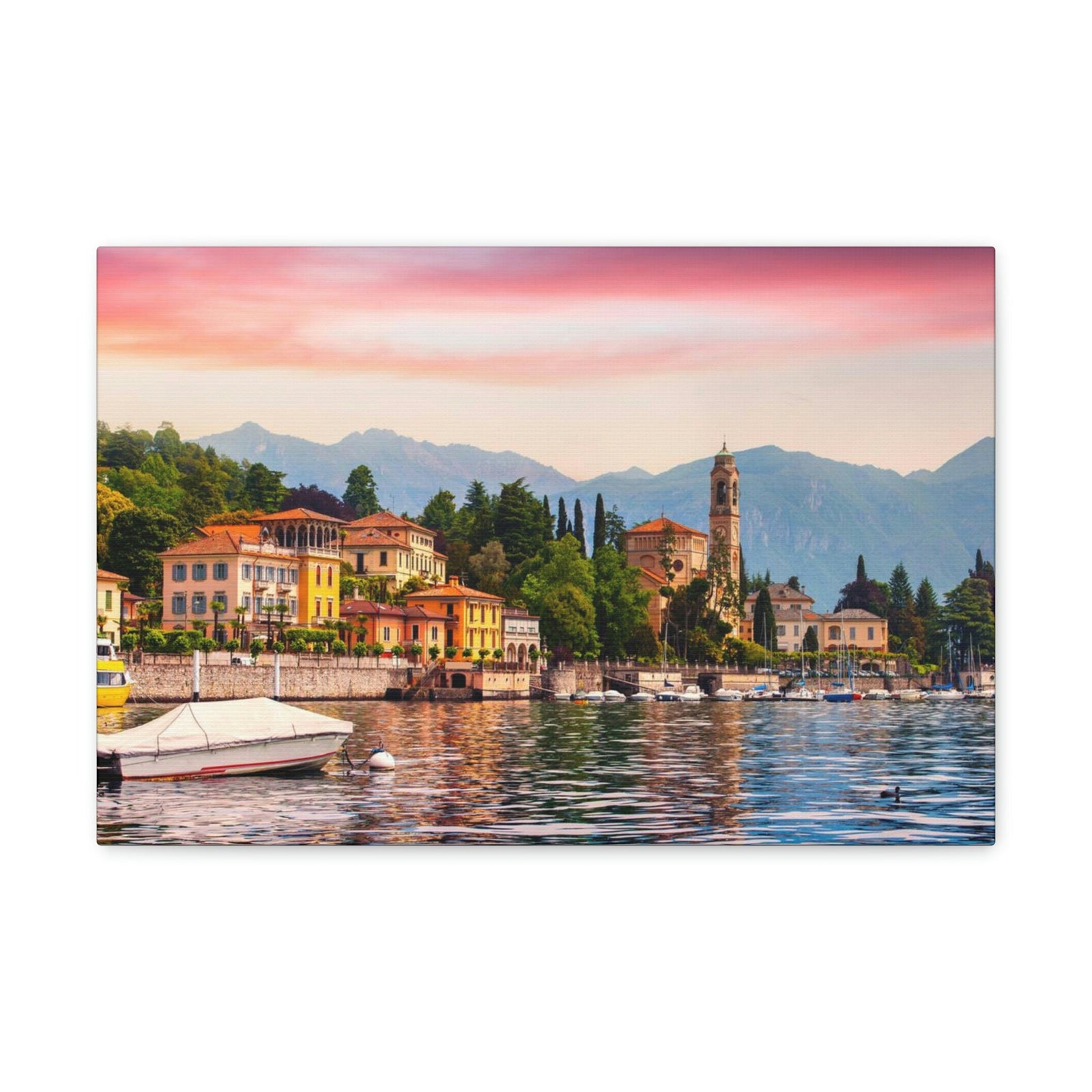 Colorful Summer of the Countryside Scene Beautiful Charming and Stunning Alps Beauty Nature Scene Unique Houses and Boat Wall Art Ready to Hang Unframed-Express Your Love Gifts
