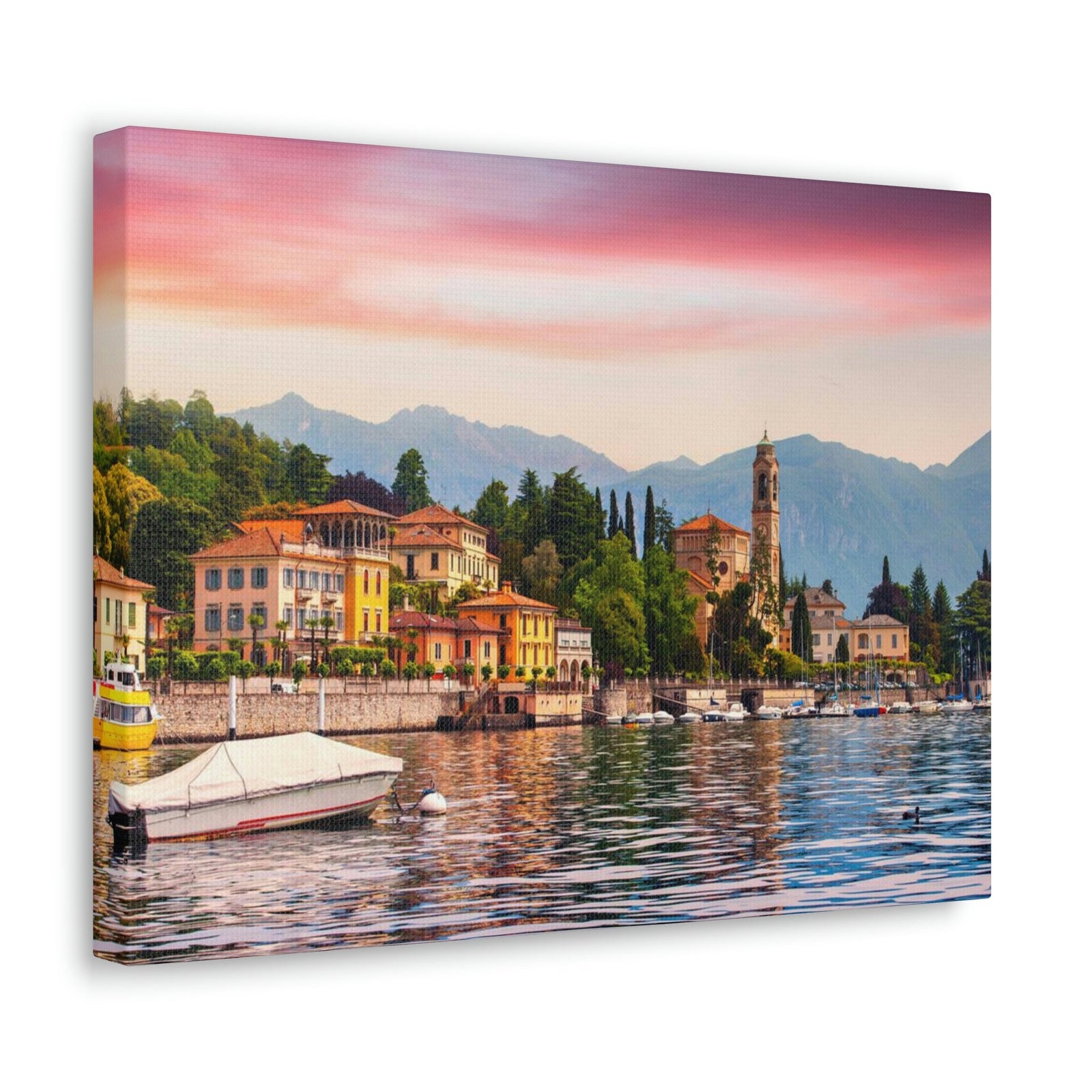 Colorful Summer of the Countryside Scene Beautiful Charming and Stunning Alps Beauty Nature Scene Unique Houses and Boat Wall Art Ready to Hang Unframed-Express Your Love Gifts