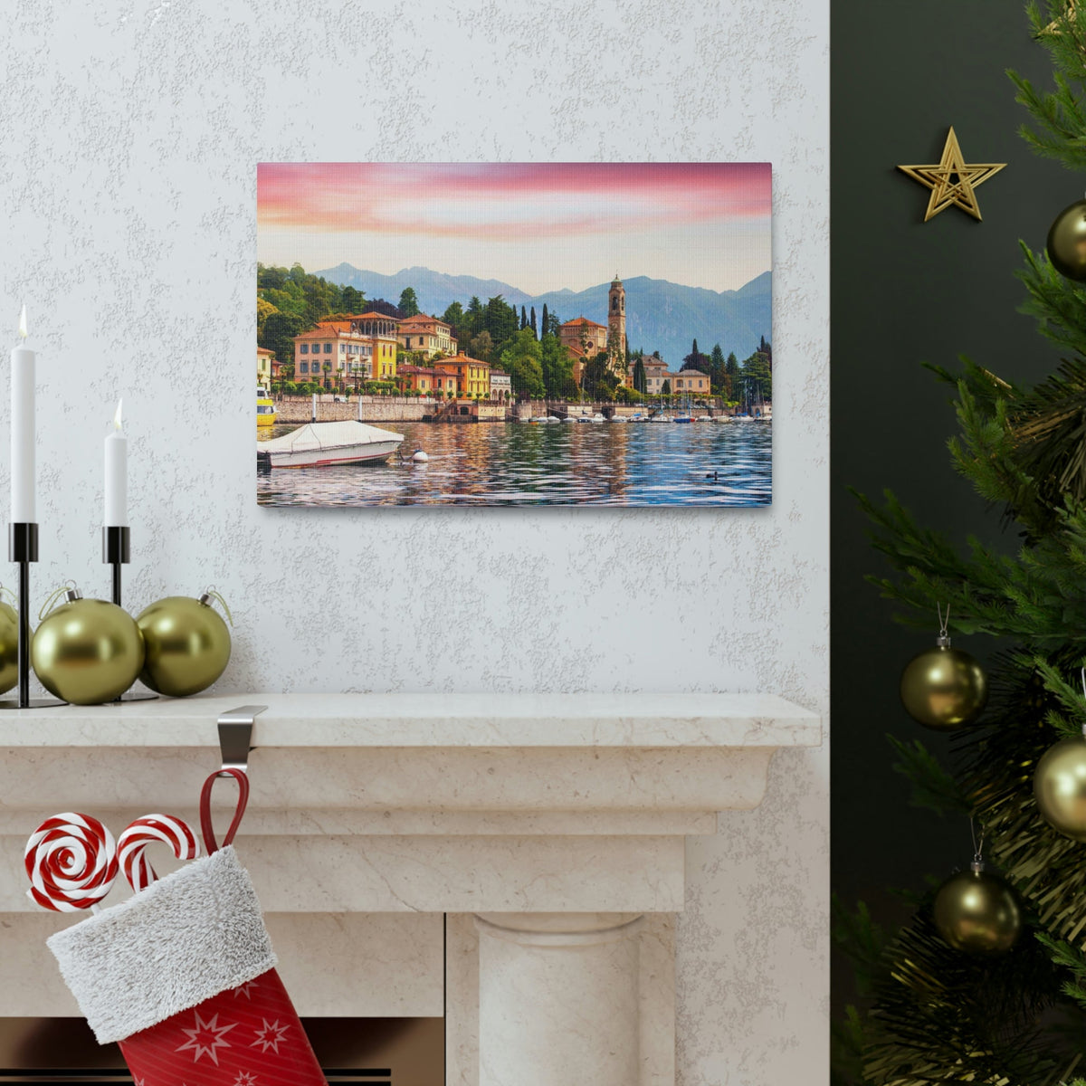 Colorful Summer of the Countryside Scene Beautiful Charming and Stunning Alps Beauty Nature Scene Unique Houses and Boat Wall Art Ready to Hang Unframed-Express Your Love Gifts