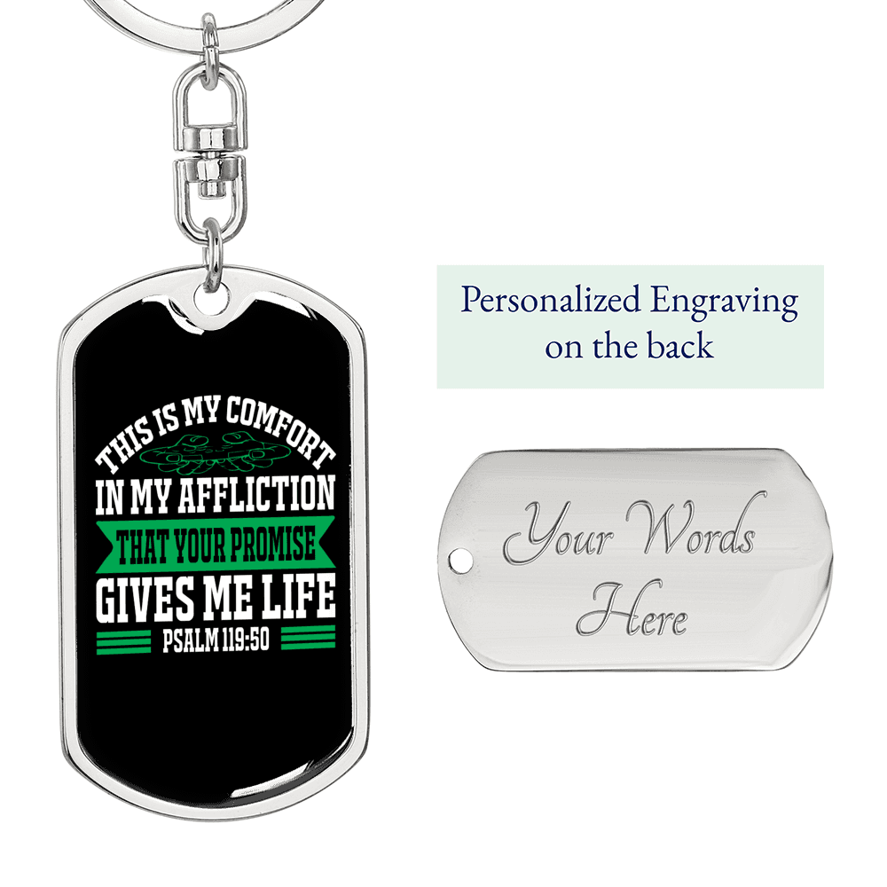 Comfort In My Affliction Keychain Stainless Steel or 18k Gold Dog Tag Keyring-Express Your Love Gifts