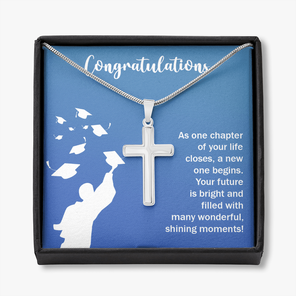 Congratulations Class Graduation Message Cross Card Necklace w Stainless Steel Pendant-Express Your Love Gifts