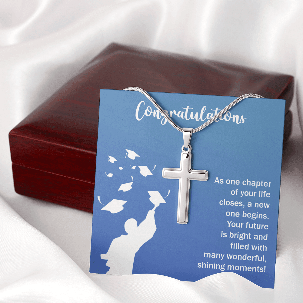 Congratulations Class Graduation Message Cross Card Necklace w Stainless Steel Pendant-Express Your Love Gifts