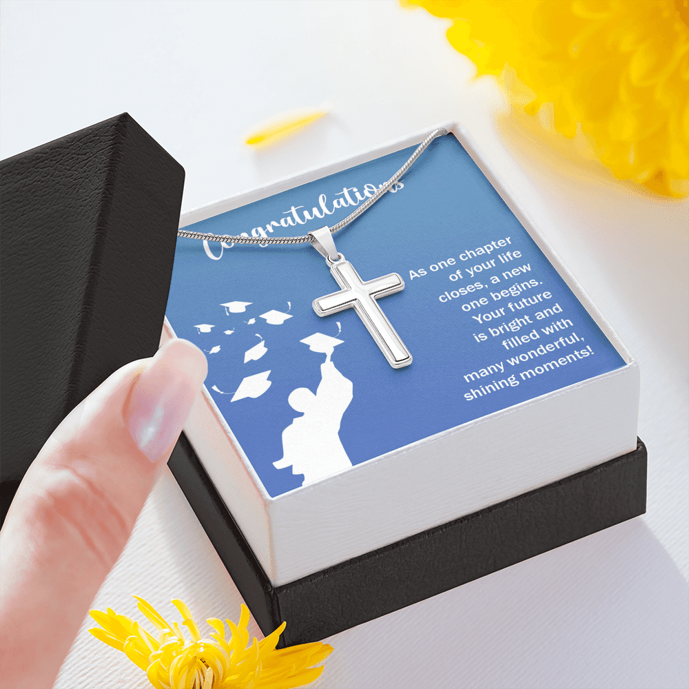 Congratulations Class Graduation Message Cross Card Necklace w Stainless Steel Pendant-Express Your Love Gifts