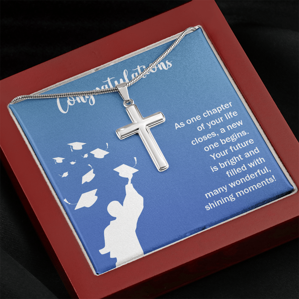 Congratulations Class Graduation Message Cross Card Necklace w Stainless Steel Pendant-Express Your Love Gifts