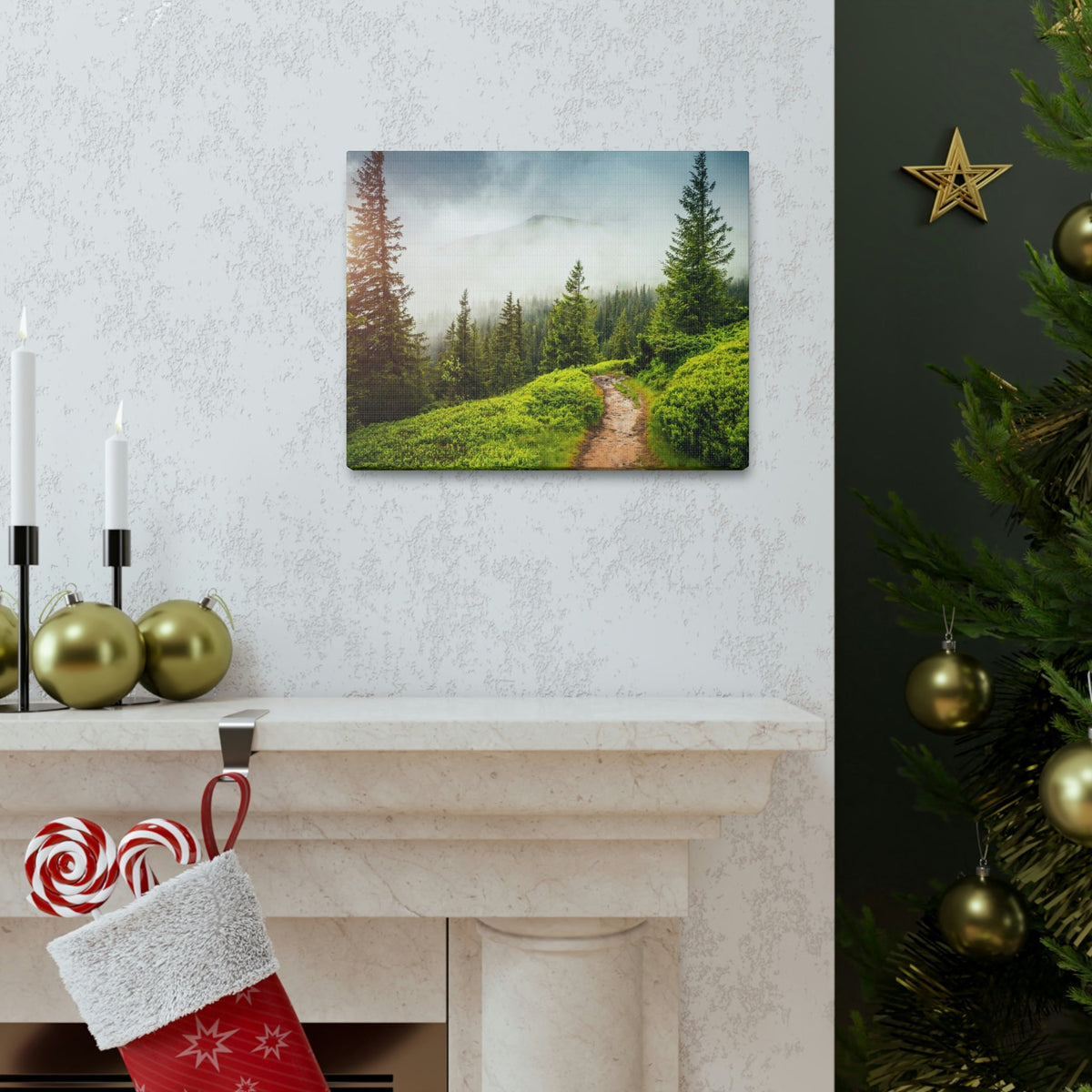 Coniferous Foggy Forest Scene Beautiful Fabulous and Mysterious Path Beauty Nature Scene Big Trees and Fogs Wall Art Ready to Hang Unframed-Express Your Love Gifts