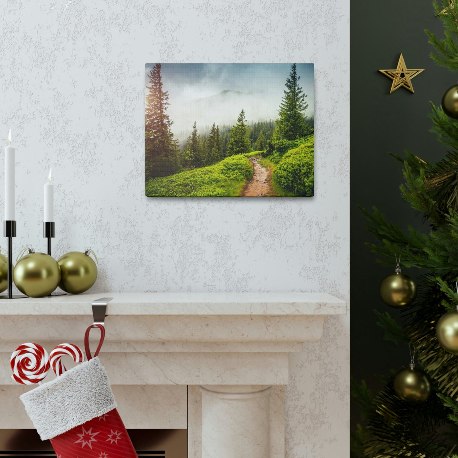 Coniferous Foggy Forest Scene Beautiful Fabulous and Mysterious Path Beauty Nature Scene Big Trees and Fogs Wall Art Ready to Hang Unframed-Express Your Love Gifts