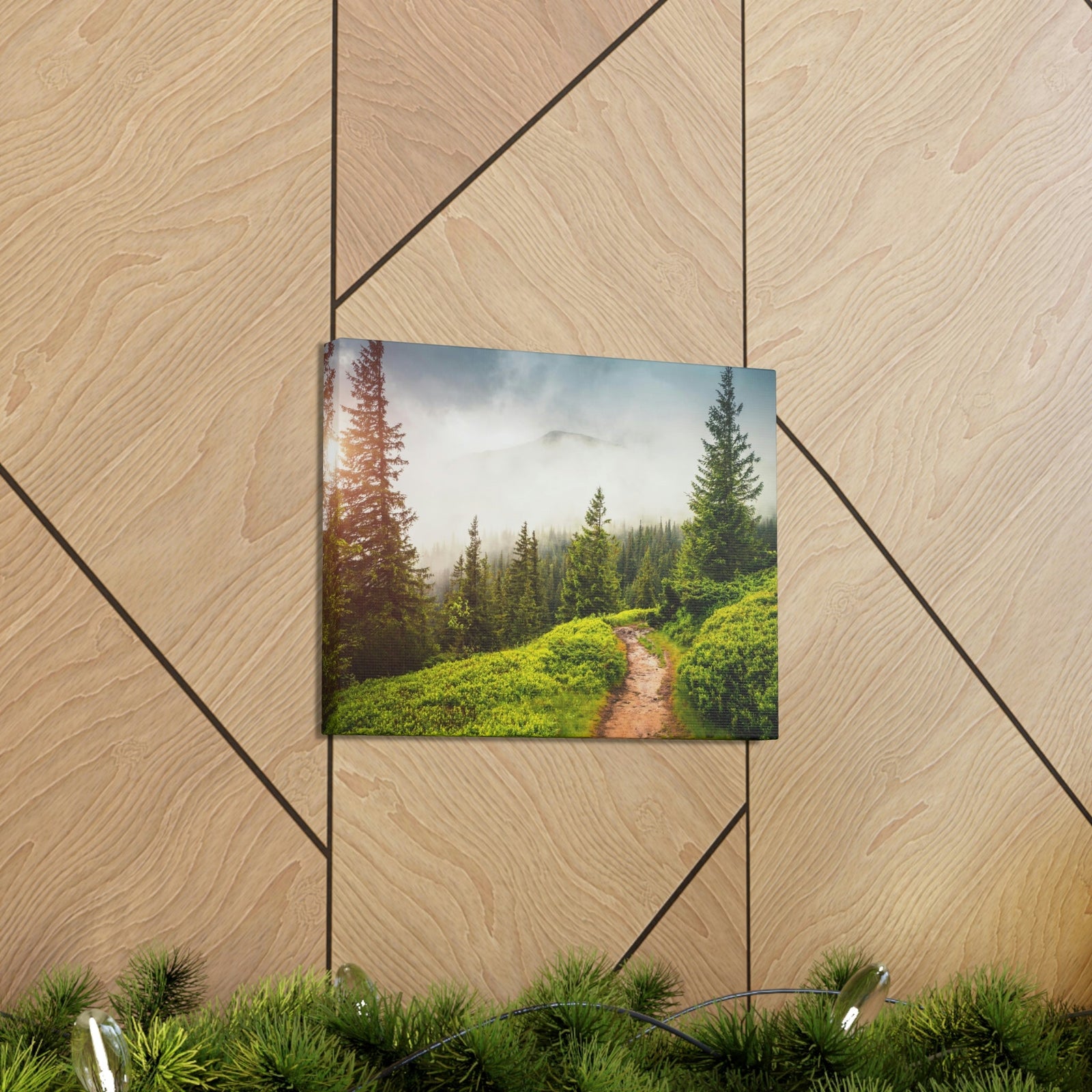 Coniferous Foggy Forest Scene Beautiful Fabulous and Mysterious Path Beauty Nature Scene Big Trees and Fogs Wall Art Ready to Hang Unframed-Express Your Love Gifts