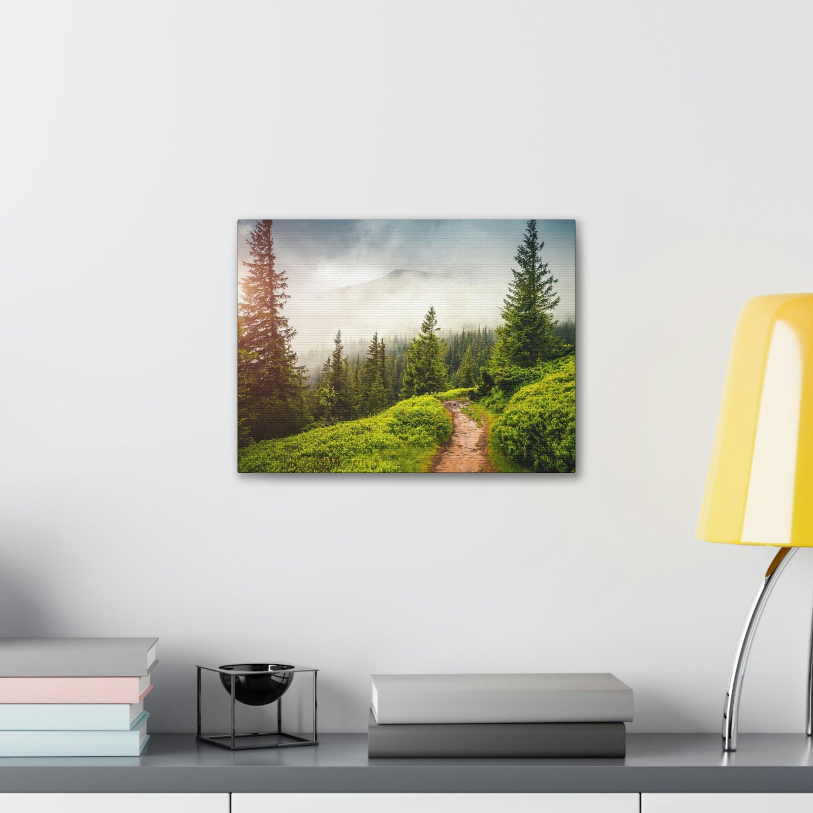 Coniferous Foggy Forest Scene Beautiful Fabulous and Mysterious Path Beauty Nature Scene Big Trees and Fogs Wall Art Ready to Hang Unframed-Express Your Love Gifts