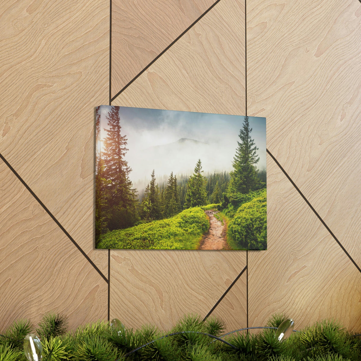 Coniferous Foggy Forest Scene Beautiful Fabulous and Mysterious Path Beauty Nature Scene Big Trees and Fogs Wall Art Ready to Hang Unframed-Express Your Love Gifts