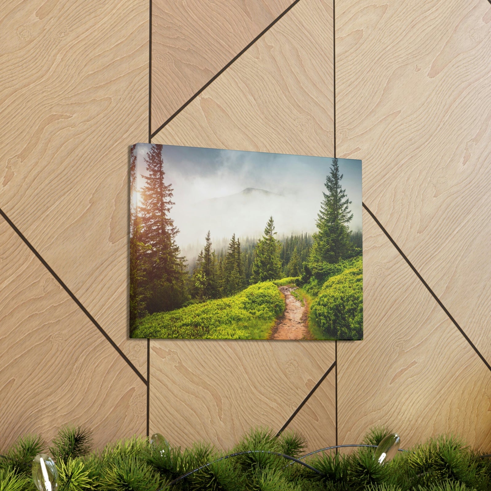 Coniferous Foggy Forest Scene Beautiful Fabulous and Mysterious Path Beauty Nature Scene Big Trees and Fogs Wall Art Ready to Hang Unframed-Express Your Love Gifts