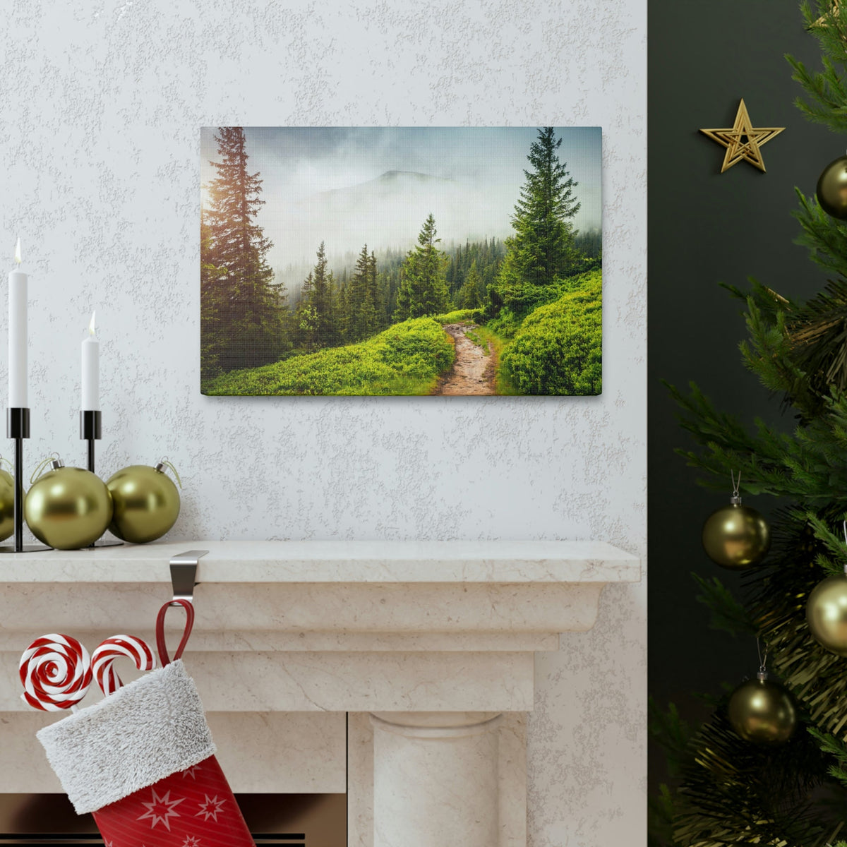 Coniferous Foggy Forest Scene Beautiful Fabulous and Mysterious Path Beauty Nature Scene Big Trees and Fogs Wall Art Ready to Hang Unframed-Express Your Love Gifts