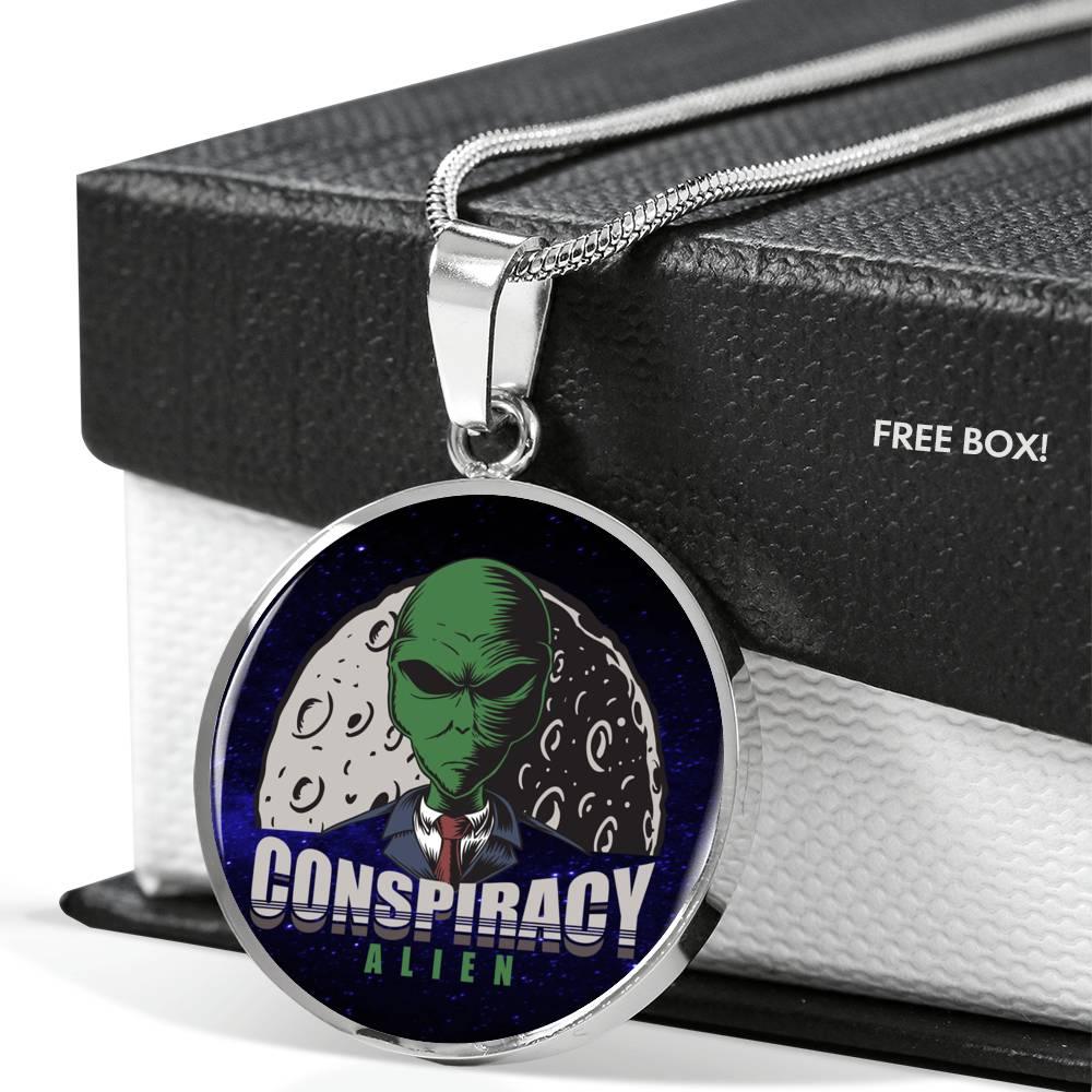 Conspiracy Alien Circle Pendant UFO Alien Fan Necklace Stainless Steel or 18k Gold 18-22"-Express Your Love Gifts