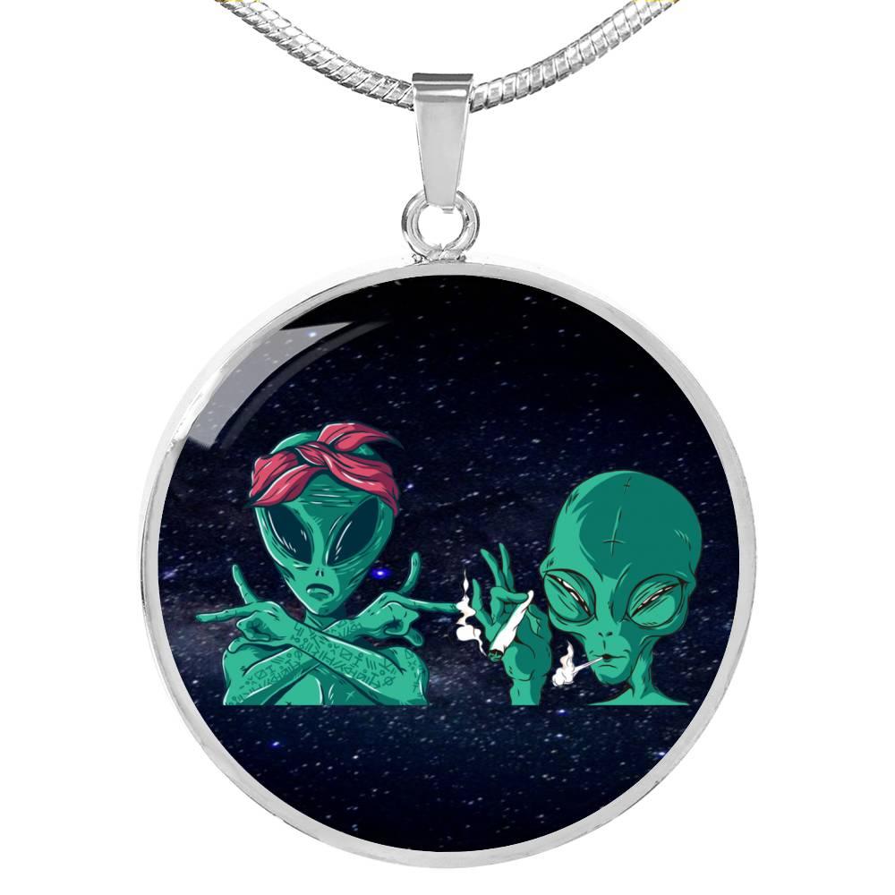Cool Aliens Circle Pendant UFO Alien Fan Necklace Stainless Steel or 18k Gold 18-22"-Express Your Love Gifts