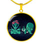 Cool Aliens Circle Pendant UFO Alien Fan Necklace Stainless Steel or 18k Gold 18-22"-Express Your Love Gifts
