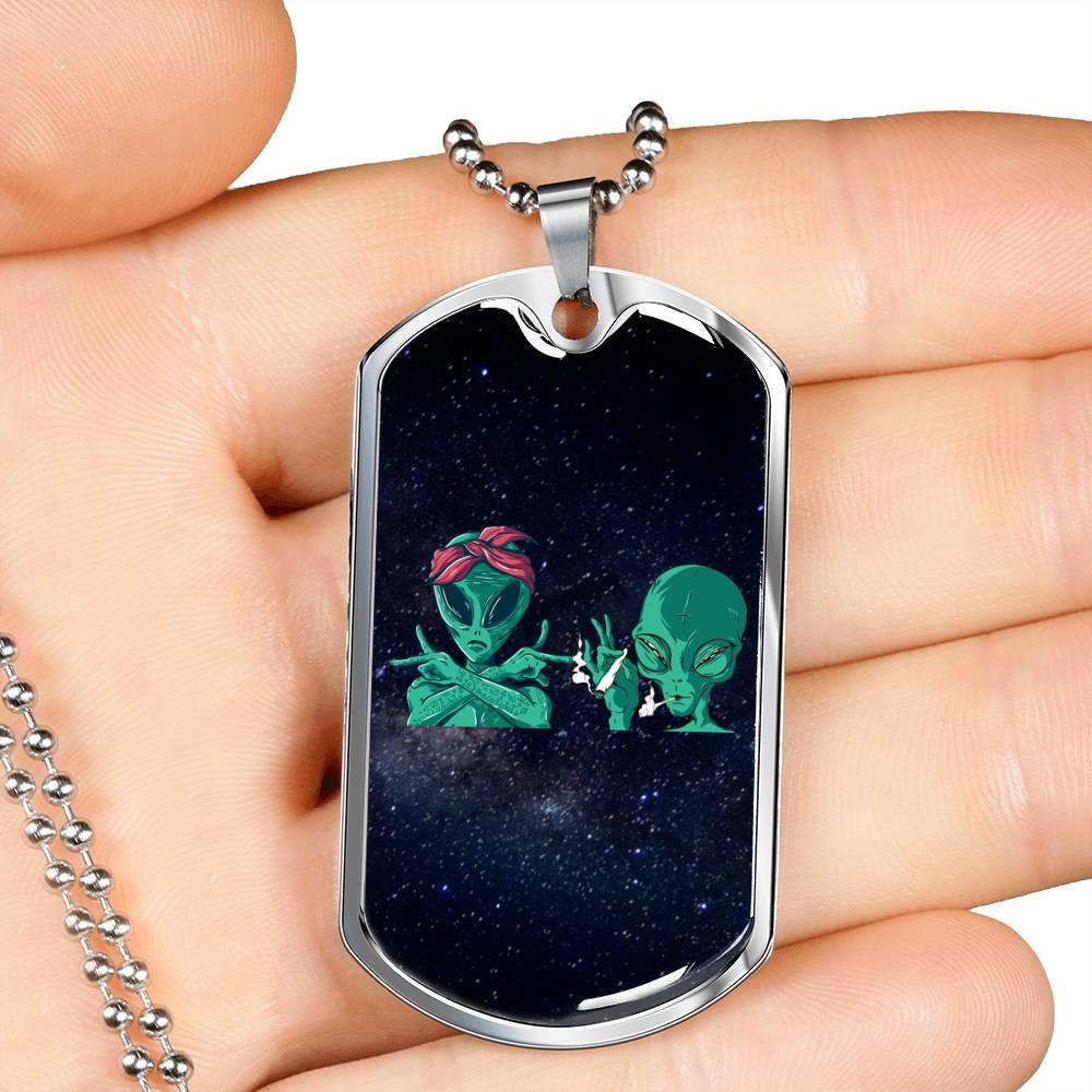 Cool Aliens Necklace UFO Alien Fan Gift Stainless Steel or 18k Gold Dog Tag 24" Chain-Express Your Love Gifts