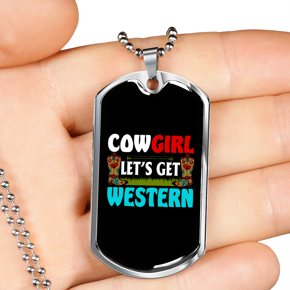 Cowgirl Let's Get Western Horse Necklace Stainless Steel or 18k Gold Dog Tag 24" Chain-Express Your Love Gifts
