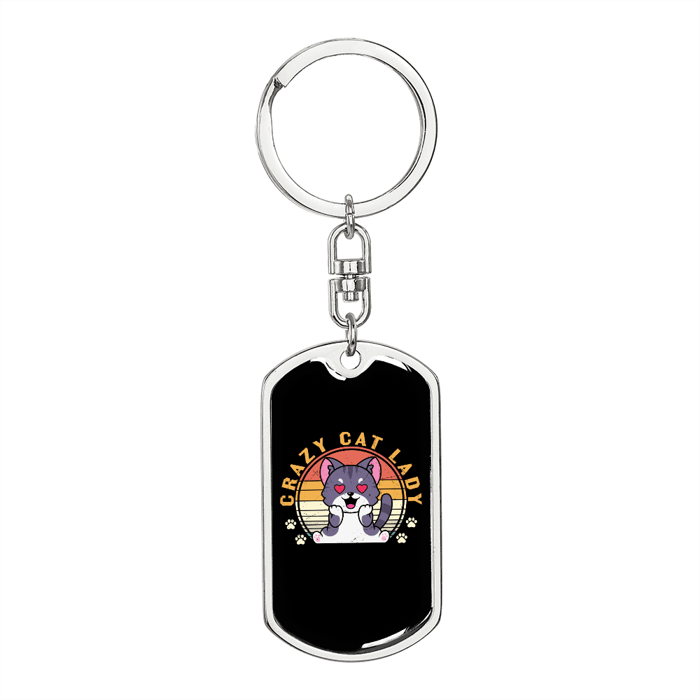 Crazy Cat Lady Keychain Stainless Steel or 18k Gold Dog Tag Keyring-Express Your Love Gifts