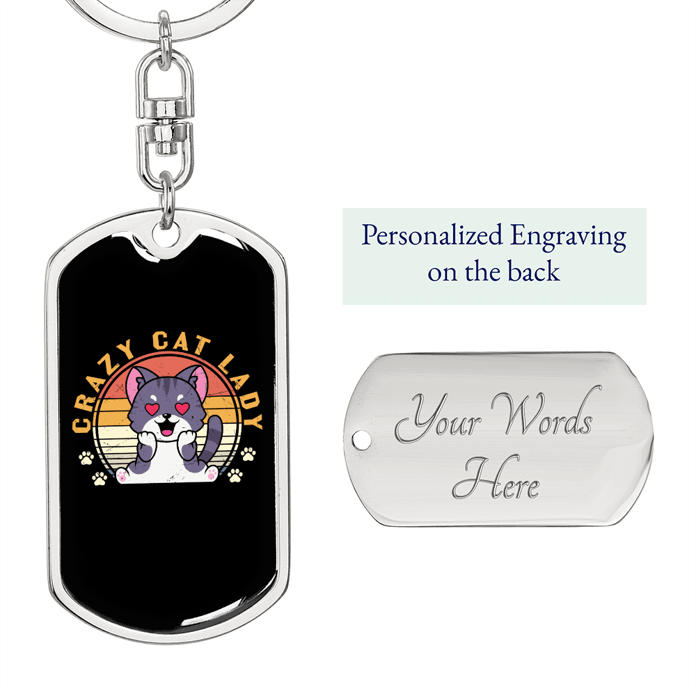 Crazy Cat Lady Keychain Stainless Steel or 18k Gold Dog Tag Keyring-Express Your Love Gifts