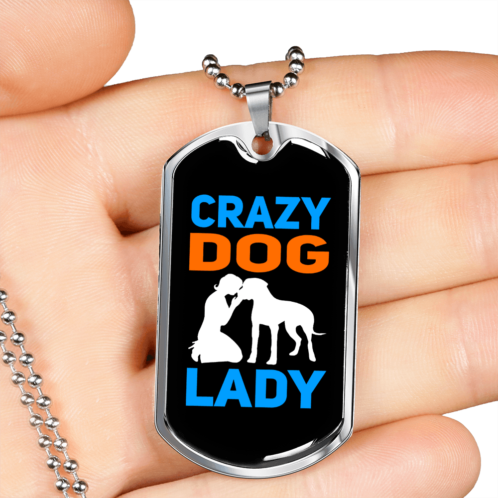 Crazy Dog Lady Blue Necklace Stainless Steel or 18k Gold Dog Tag 24" Chain-Express Your Love Gifts