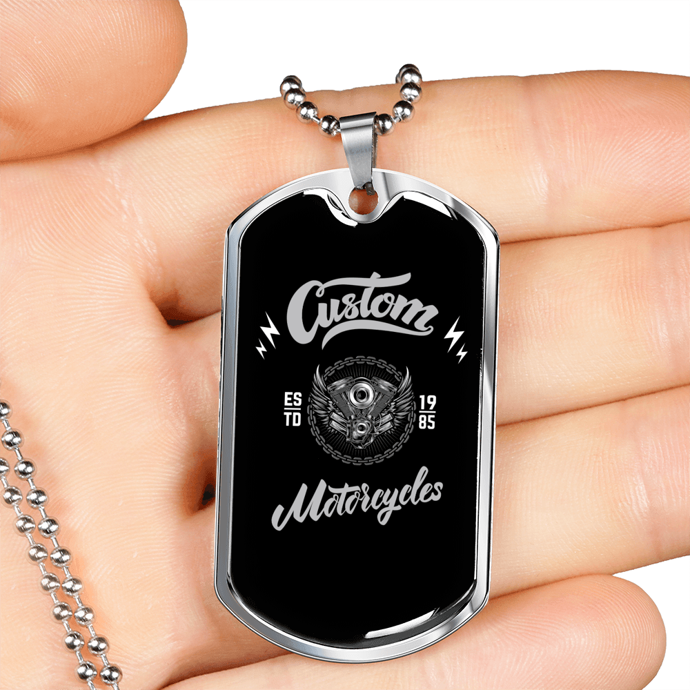 Custom Motorcycle Biker Biker Necklace Stainless Steel or 18k Gold Dog Tag 24"-Express Your Love Gifts