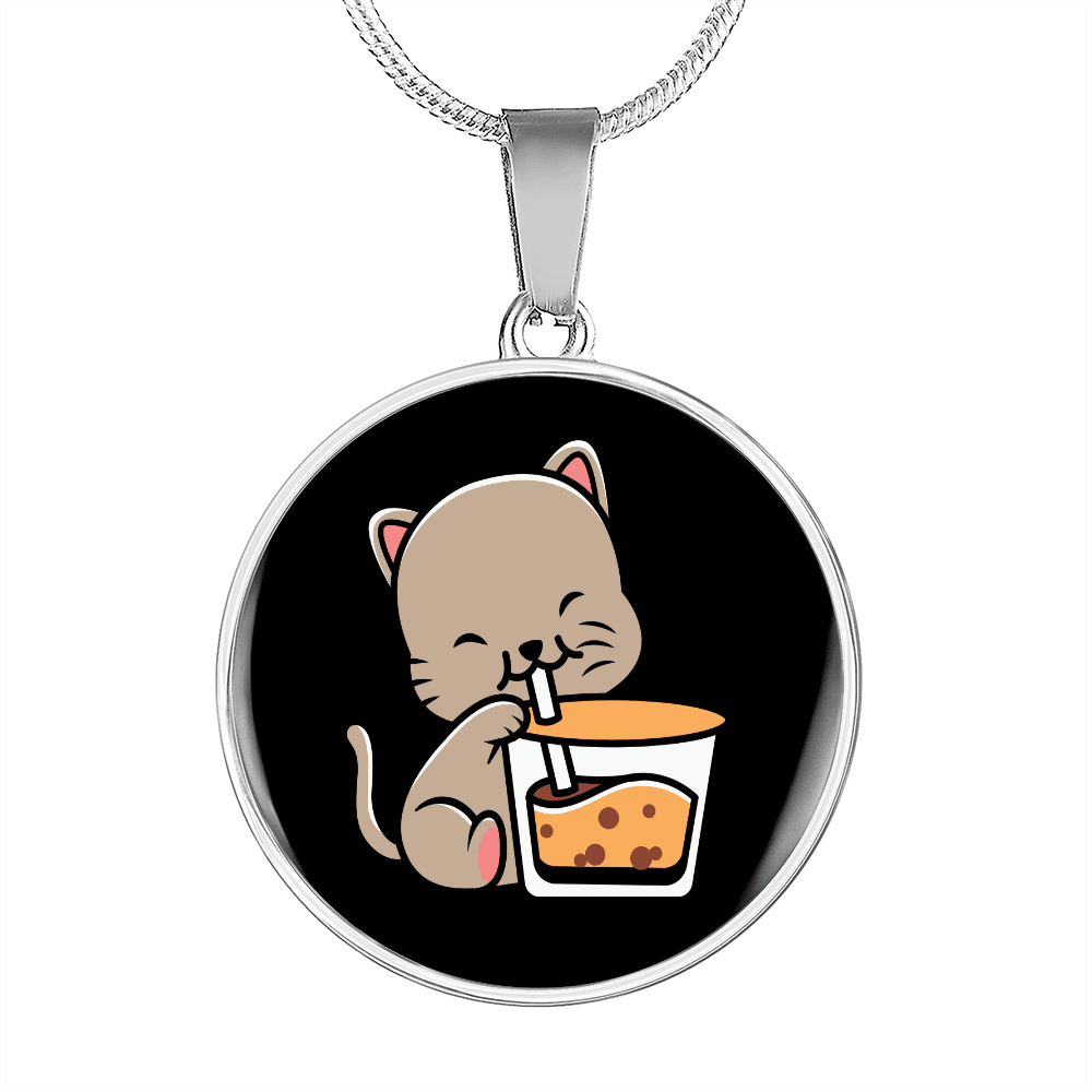 Cute Cat Drinking Circle Necklace Stainless Steel or 18k Gold 18-22"-Express Your Love Gifts