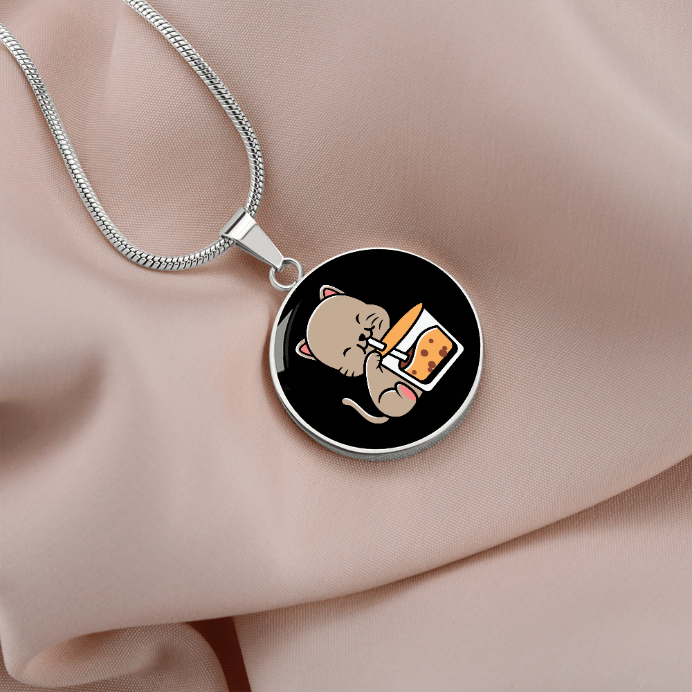 Cute Cat Drinking Circle Necklace Stainless Steel or 18k Gold 18-22"-Express Your Love Gifts