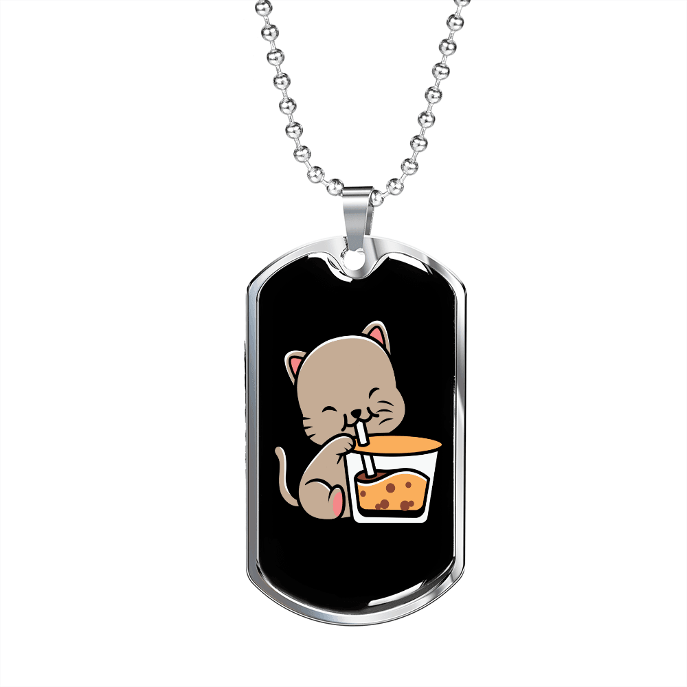 Cute Cat Drinking Necklace Stainless Steel or 18k Gold Dog Tag 24" Chain-Express Your Love Gifts