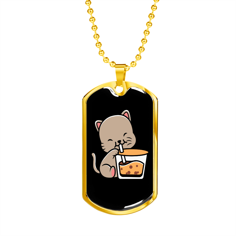 Cute Cat Drinking Necklace Stainless Steel or 18k Gold Dog Tag 24" Chain-Express Your Love Gifts