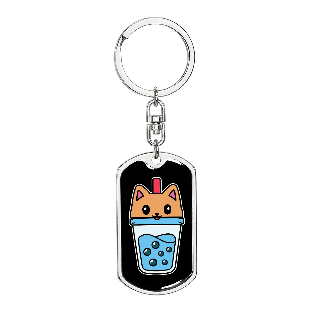 Cute Milk Tea Cat Keychain Stainless Steel or 18k Gold Dog Tag Keyring-Express Your Love Gifts